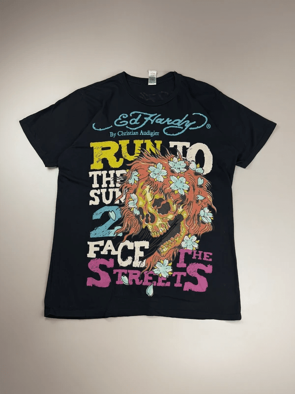 Ed Hardy By Christian Audigier Archive "2 Face The Streets" Flaming Skull T-Shirt - Black