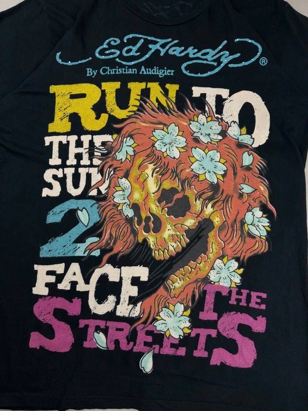 Ed Hardy By Christian Audigier Archive "2 Face The Streets" Flaming Skull T-Shirt - Black