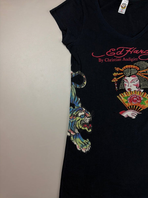 Ed Hardy by Christian Audigier Archive "Geisha" Rhinestone Tee - All Black