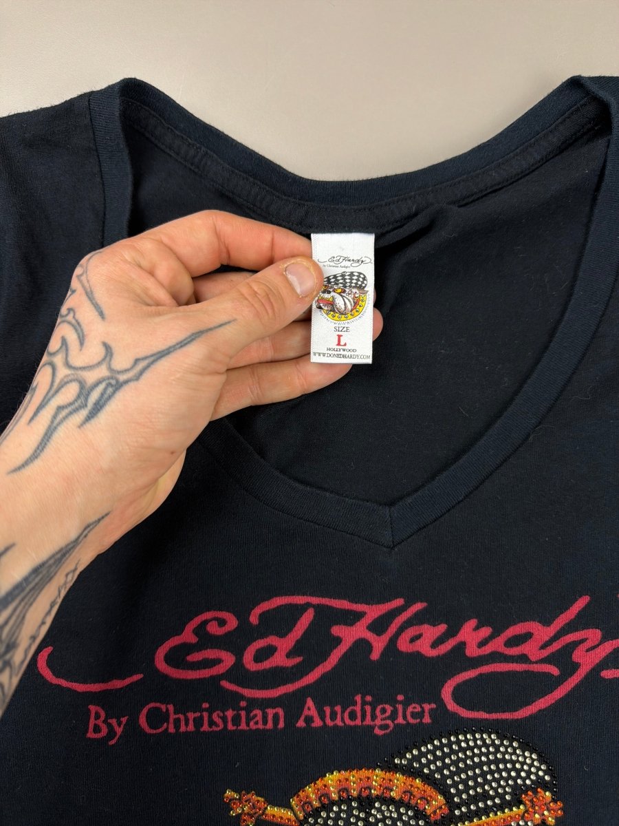 Ed Hardy by Christian Audigier Archive "Geisha" Rhinestone Tee - All Black - Past Pieces