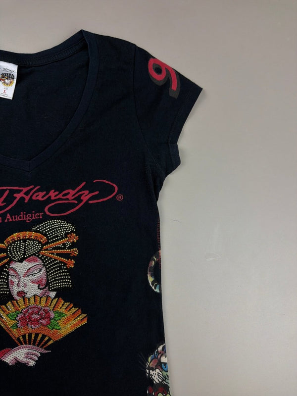 Ed Hardy by Christian Audigier Archive "Geisha" Rhinestone Tee - All Black