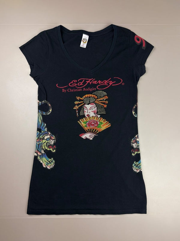 Ed Hardy by Christian Audigier Archive "Geisha" Rhinestone Tee - All Black