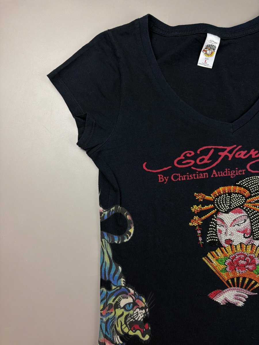 Ed Hardy by Christian Audigier Archive "Geisha" Rhinestone Tee - All Black - Past Pieces