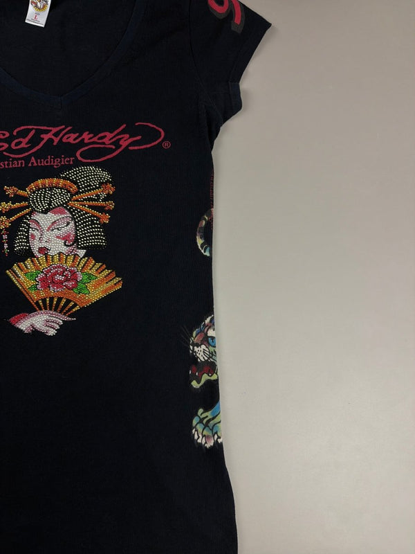 Ed Hardy by Christian Audigier Archive "Geisha" Rhinestone Tee - All Black
