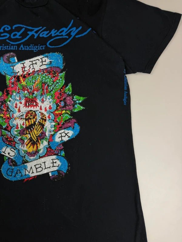 Ed Hardy by Christian Audigier Archive "Life is Gamble" Rhinestone Tee - Black