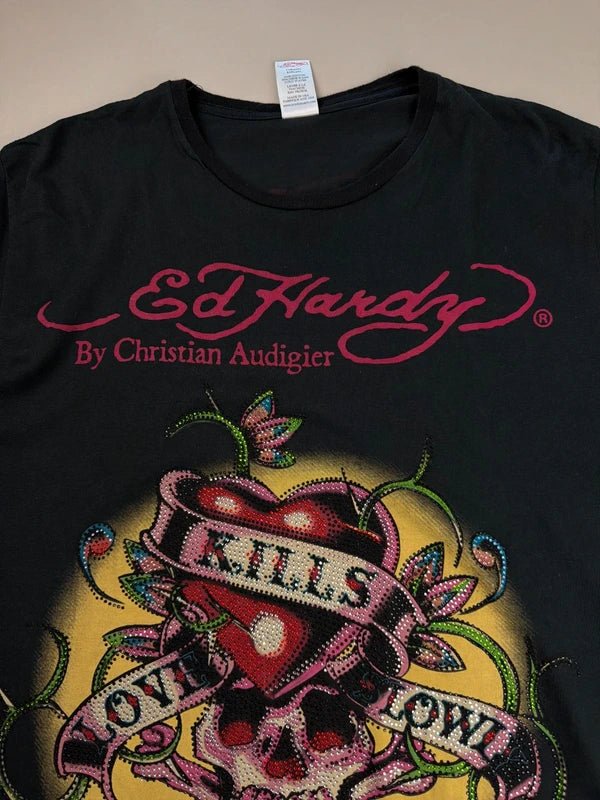 Ed Hardy by Christian Audigier Archive "Love Kills Slowly" Rhinestone Tee - Black - Past Pieces
