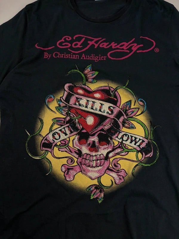 Ed Hardy by Christian Audigier Archive "Love Kills Slowly" Rhinestone Tee - Black