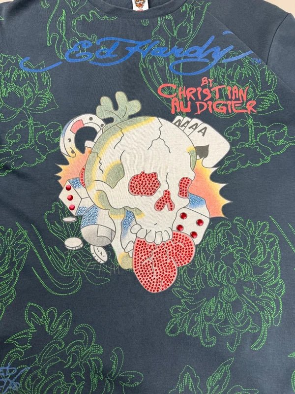 Ed Hardy by Christian Audigier Archive "Skull & Dice" Longsleeve - Y2K Rhinestone Tattoo Art - Past Pieces