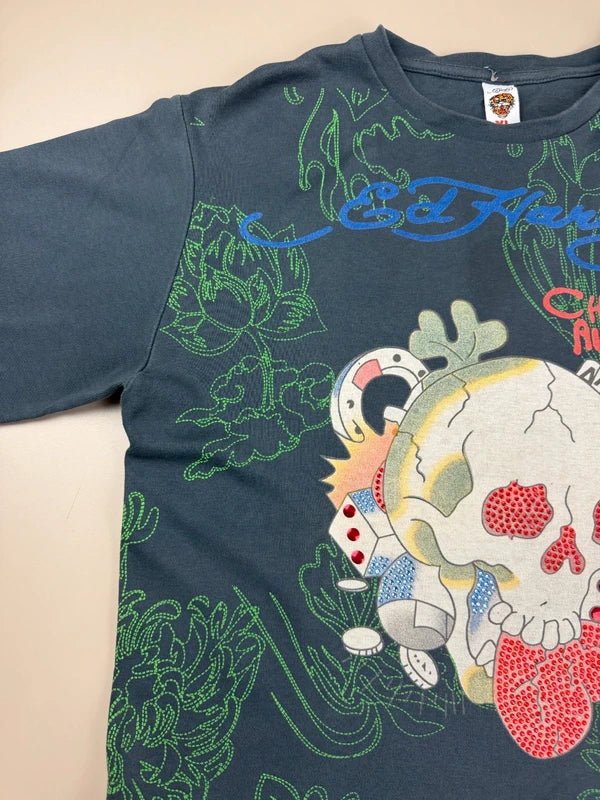 Ed Hardy by Christian Audigier Archive "Skull & Dice" Longsleeve - Y2K Rhinestone Tattoo Art - Past Pieces