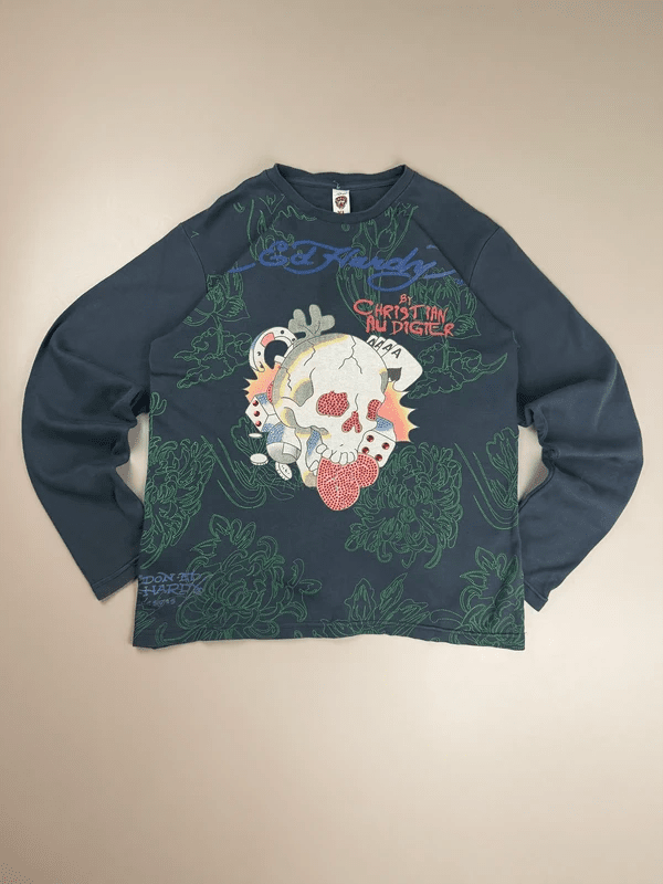 Ed Hardy by Christian Audigier Archive "Skull & Dice" Longsleeve - Y2K Rhinestone Tattoo Art