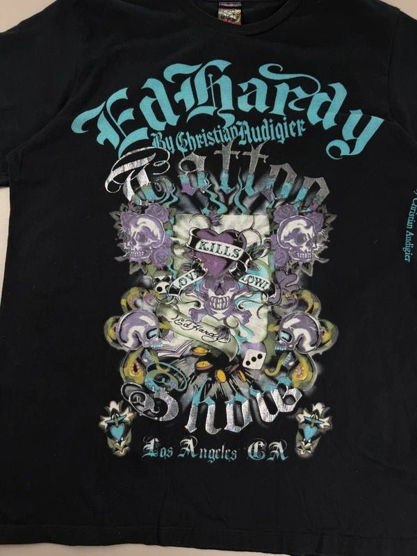 Ed Hardy by Christian Audigier Archive "Tattoo Show" Graphic Tee - Teal/Purple