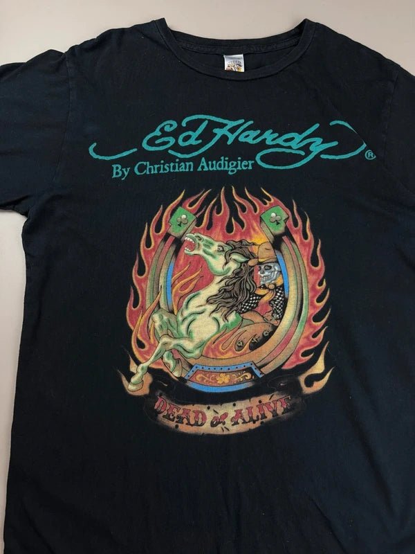 Ed Hardy by Christian Audigier "Dead or Alive" Flaming Horse Tee – Teal Logo