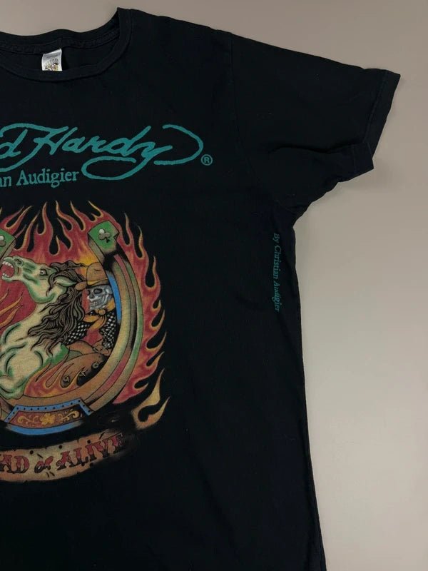 Ed Hardy by Christian Audigier "Dead or Alive" Flaming Horse Tee – Teal Logo