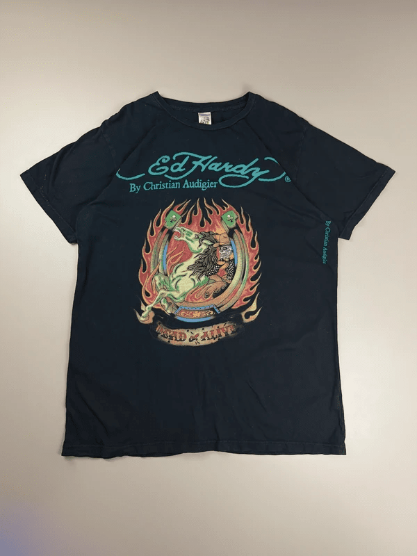 Ed Hardy by Christian Audigier "Dead or Alive" Flaming Horse Tee – Teal Logo