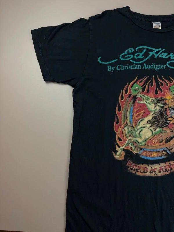 Ed Hardy by Christian Audigier "Dead or Alive" Flaming Horse Tee – Teal Logo