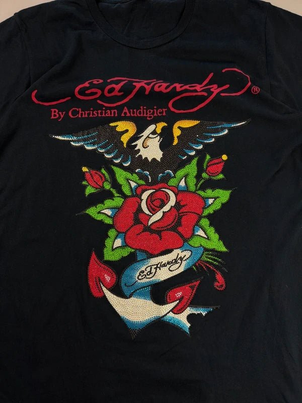 Ed Hardy by Christian Audigier "Eagle Anchor" Tattoo Tee - Black Studded