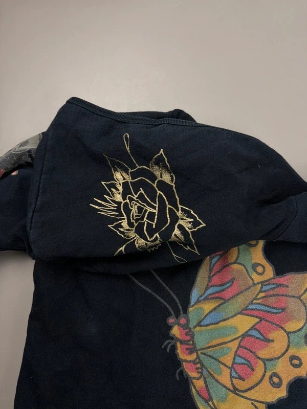 Ed Hardy by Christian Audigier "Geisha & Butterfly Tattoo Art" Archive Zip Hoodie - Black/Multicolor & Gold - Past Pieces
