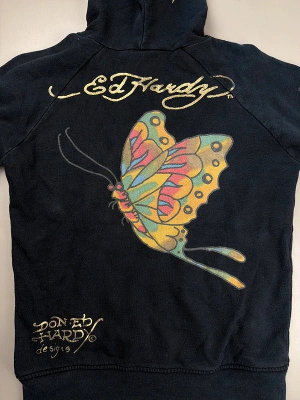 Ed Hardy by Christian Audigier "Geisha & Butterfly Tattoo Art" Archive Zip Hoodie - Black/Multicolor & Gold - Past Pieces