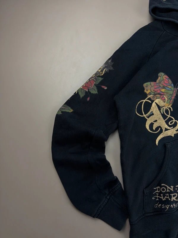 Ed Hardy by Christian Audigier "Geisha & Butterfly Tattoo Art" Archive Zip Hoodie - Black/Multicolor & Gold