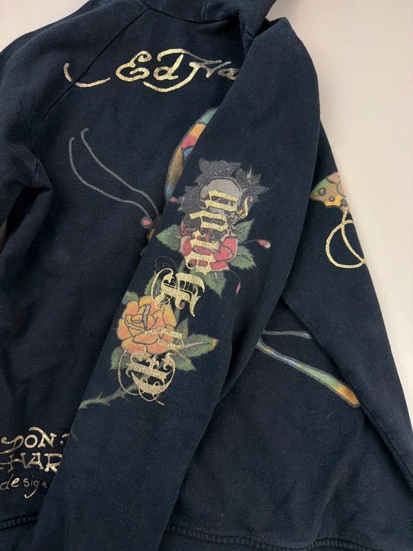 Ed Hardy by Christian Audigier "Geisha & Butterfly Tattoo Art" Archive Zip Hoodie - Black/Multicolor & Gold - Past Pieces