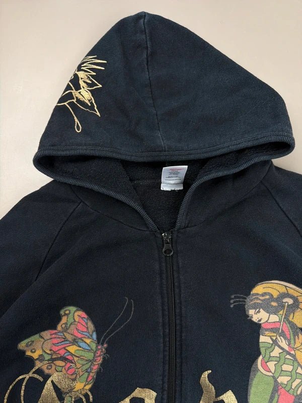 Ed Hardy by Christian Audigier "Geisha & Butterfly Tattoo Art" Archive Zip Hoodie - Black/Multicolor & Gold - Past Pieces