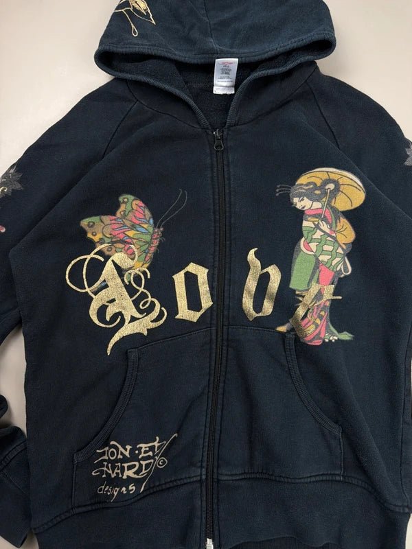 Ed Hardy by Christian Audigier "Geisha & Butterfly Tattoo Art" Archive Zip Hoodie - Black/Multicolor & Gold
