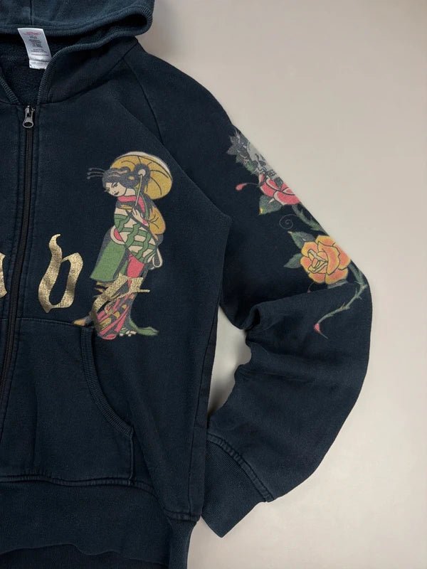 Ed Hardy by Christian Audigier "Geisha & Butterfly Tattoo Art" Archive Zip Hoodie - Black/Multicolor & Gold