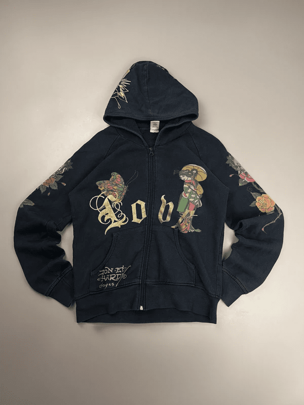 Ed Hardy by Christian Audigier "Geisha & Butterfly Tattoo Art" Archive Zip Hoodie - Black/Multicolor & Gold