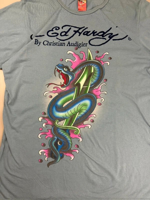 Ed Hardy by Christian Audigier "Venomous Dagger" Tattoo Tee - Dusty Blue Y2K Indie Sleaze
