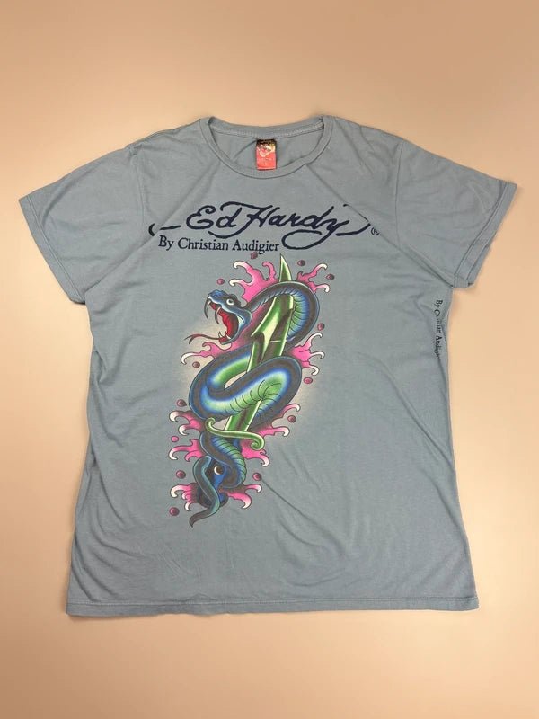 Ed Hardy by Christian Audigier "Venomous Dagger" Tattoo Tee - Dusty Blue Y2K Indie Sleaze