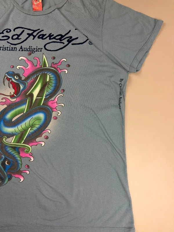 Ed Hardy by Christian Audigier "Venomous Dagger" Tattoo Tee - Dusty Blue Y2K Indie Sleaze - Past Pieces