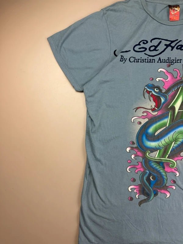 Ed Hardy by Christian Audigier "Venomous Dagger" Tattoo Tee - Dusty Blue Y2K Indie Sleaze