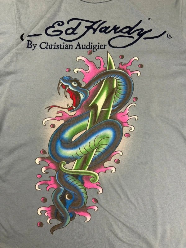 Ed Hardy by Christian Audigier "Venomous Dagger" Tattoo Tee - Dusty Blue Y2K Indie Sleaze - Past Pieces