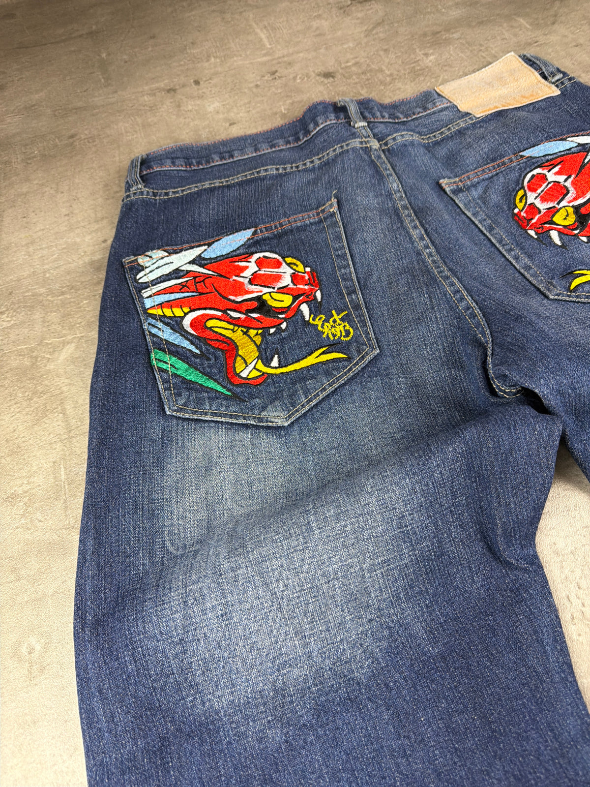 Ed Hardy by Christian Audigier Y2K Baggy Dragon & Snake Embroidered Denim - Washed Blue - Past Pieces