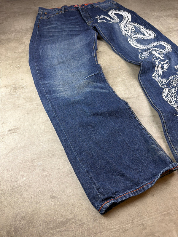 Ed Hardy by Christian Audigier Y2K Baggy Dragon & Snake Embroidered Denim - Washed Blue