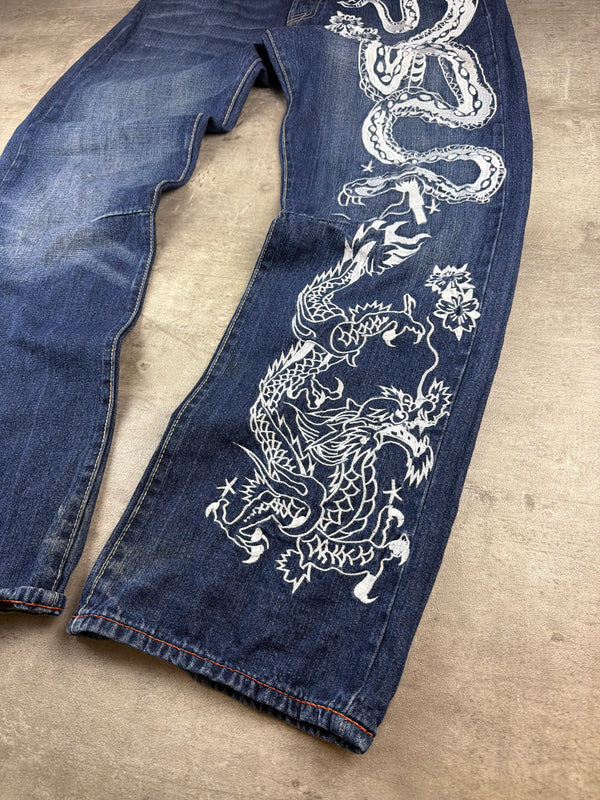 Ed Hardy by Christian Audigier Y2K Baggy Dragon & Snake Embroidered Denim - Washed Blue