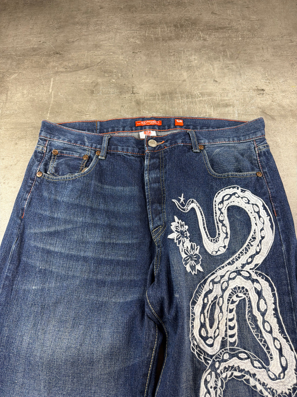Ed Hardy by Christian Audigier Y2K Baggy Dragon & Snake Embroidered Denim - Washed Blue - Past Pieces