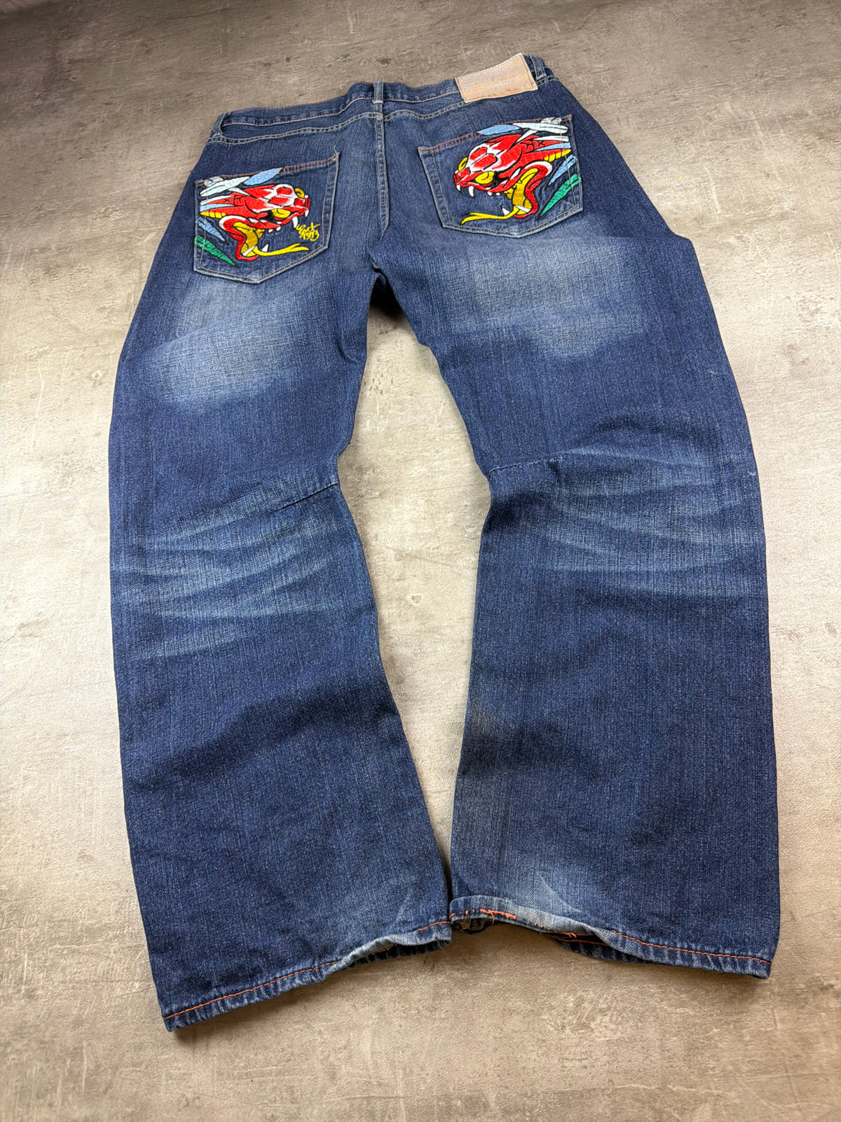 Ed Hardy by Christian Audigier Y2K Baggy Dragon & Snake Embroidered Denim - Washed Blue – Ansicht 8