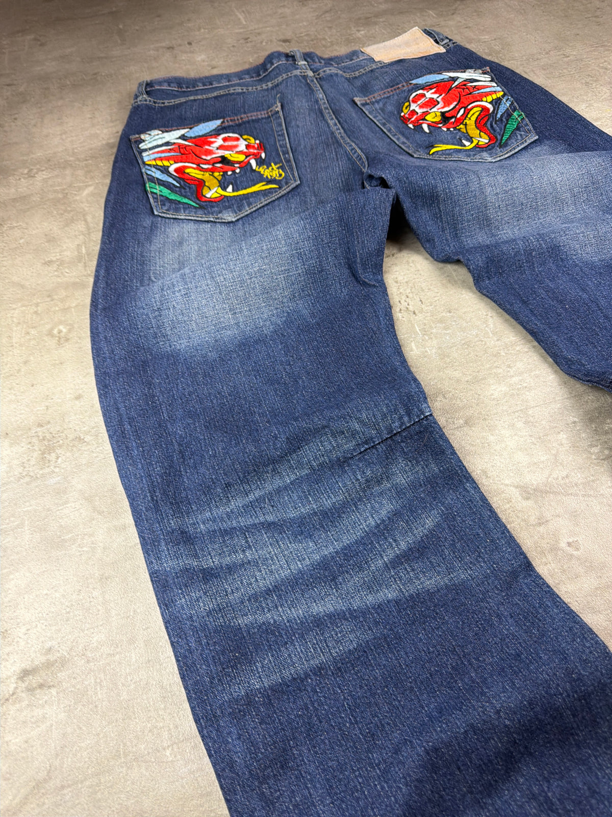 Ed Hardy by Christian Audigier Y2K Baggy Dragon & Snake Embroidered Denim - Washed Blue – Ansicht 9