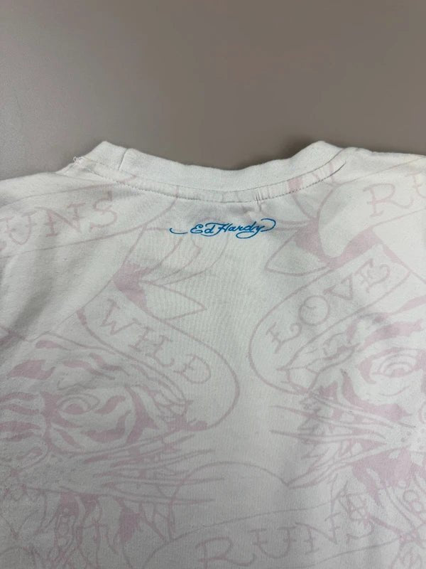 Ed Hardy "Love Kills Slowly" Graphic Baby Tee - White/Pink Tattoo Print - Past Pieces