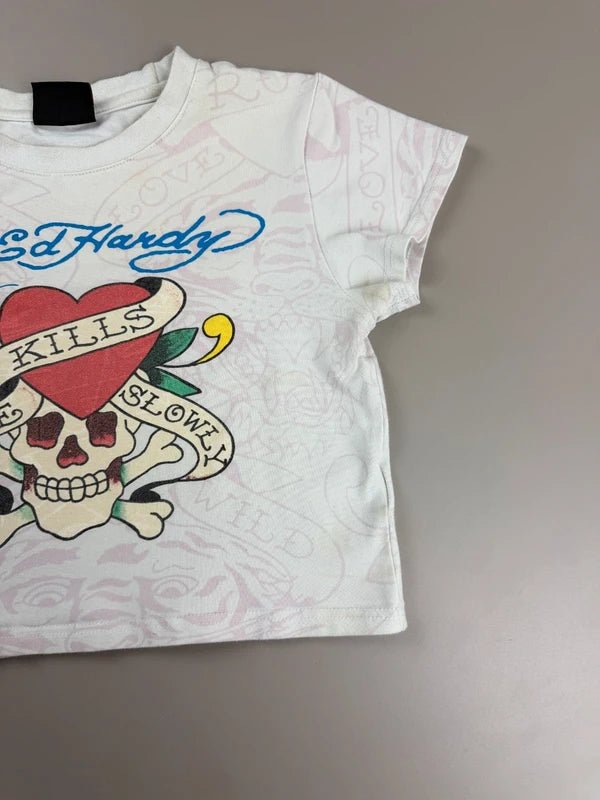 Ed Hardy "Love Kills Slowly" Graphic Baby Tee - White/Pink Tattoo Print