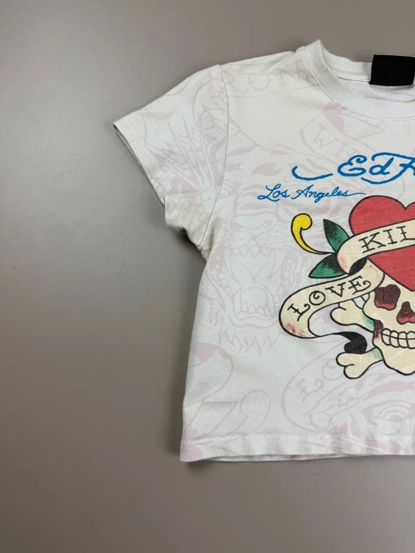 Ed Hardy "Love Kills Slowly" Graphic Baby Tee - White/Pink Tattoo Print