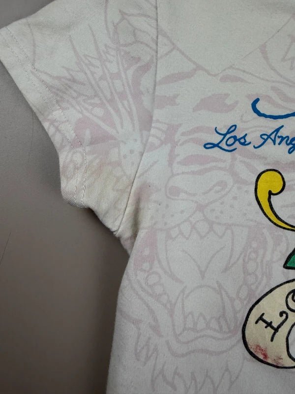 Ed Hardy "Love Kills Slowly" Graphic Baby Tee - White/Pink Tattoo Print - Past Pieces