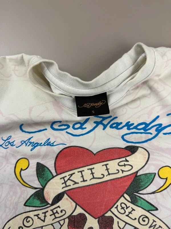 Ed Hardy "Love Kills Slowly" Graphic Baby Tee - White/Pink Tattoo Print - Past Pieces