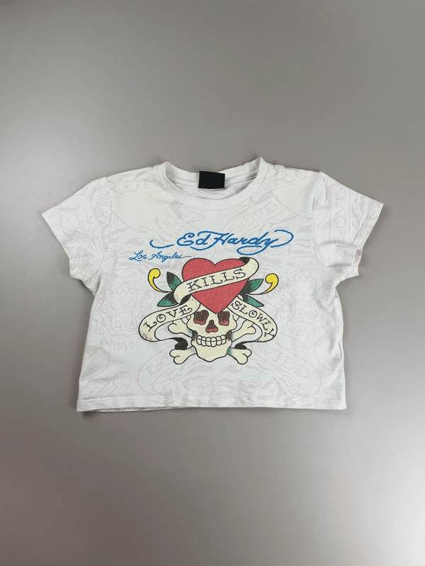 Ed Hardy "Love Kills Slowly" Graphic Baby Tee - White/Pink Tattoo Print