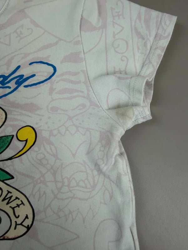 Ed Hardy "Love Kills Slowly" Graphic Baby Tee - White/Pink Tattoo Print