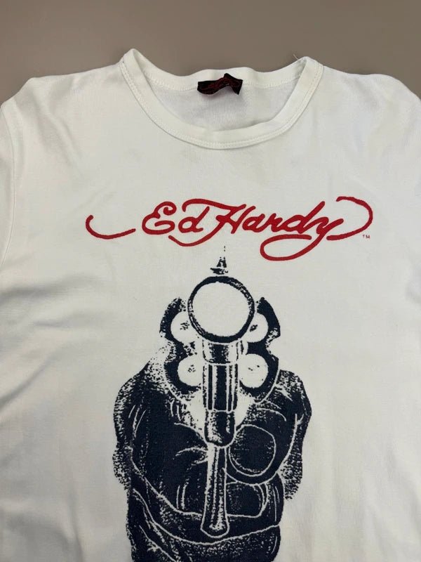 Ed Hardy "Revolver" Tattoo Graphic Tee - White/Red