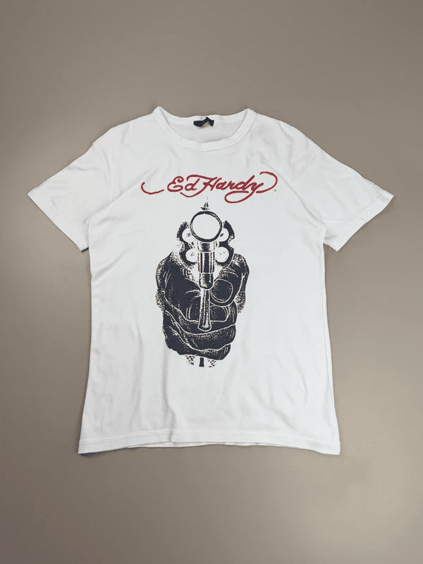 Ed Hardy "Revolver" Tattoo Graphic Tee - White/Red
