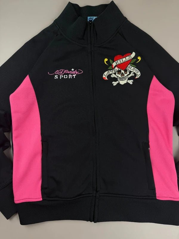 Ed Hardy Sport Archive "Love Kills Slowly" Track Jacket - Cyber Pink & Black Skull