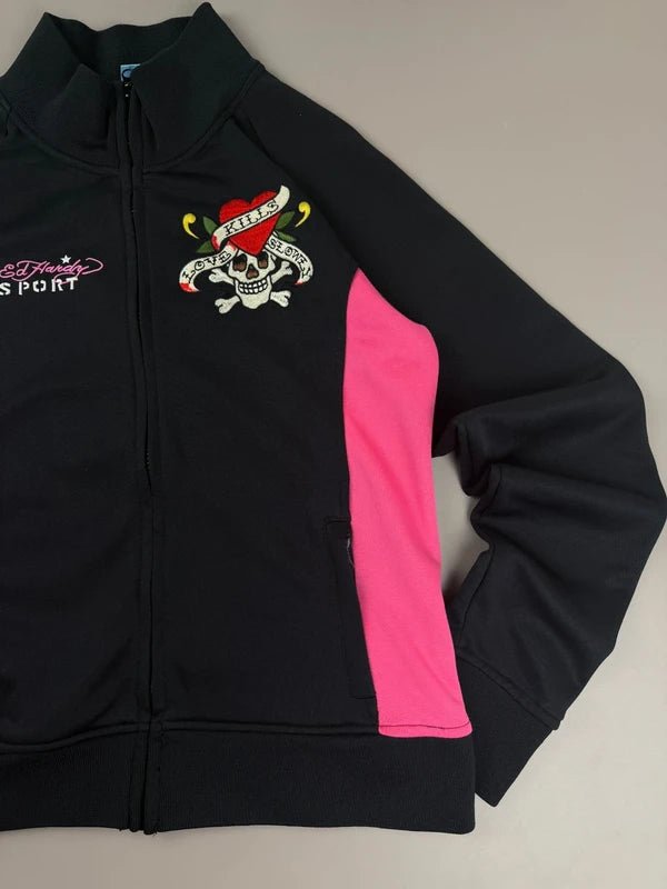 Ed Hardy Sport Archive "Love Kills Slowly" Track Jacket - Cyber Pink & Black Skull